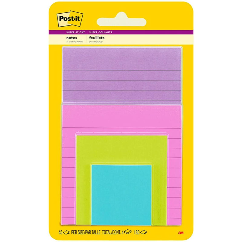 3M Post-it Super Sticky Notes, Assorted Sizes,Lined and Unlined, 4 Colorful Pads