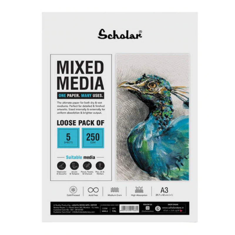 Scholar Mixed Media Loose Sheets 250 Gsm Cold Pressed A3 5 Sheets- MML3