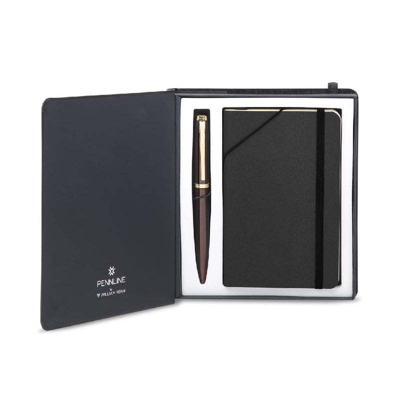 Pennline Gift Set Atlas Brown Gold Trim Ball Pen With Notebook 3209 - WP31670