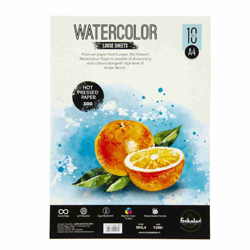 Scholar A4 Watercolour Hot Pressed Loose Sheets -10 Sheets 300 Gsm (WHL4)