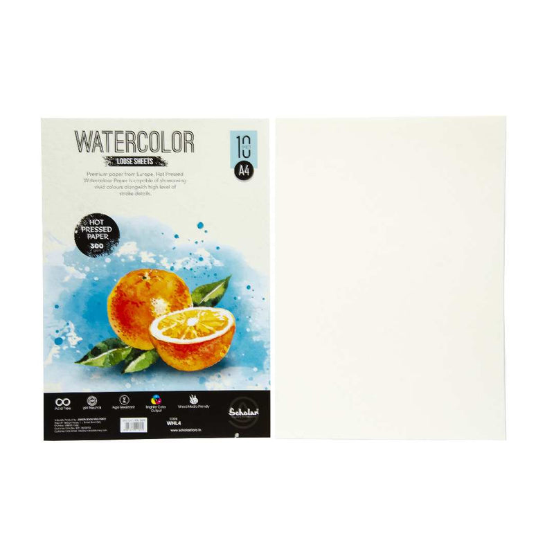 Scholar A4 Watercolour Hot Pressed Loose Sheets -10 Sheets 300 Gsm (WHL4)