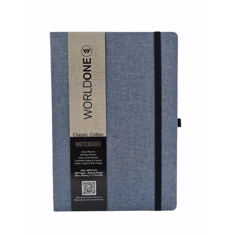 Worldone Cotton Cover Classic Notebook with Elastic Closure - B5- Blue