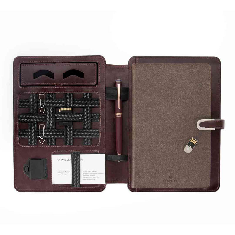 Pennline Superbook Organizer With Wireless Charging + 8000mAh Powerbank And 16GB Flash Drive – Coffee Brown