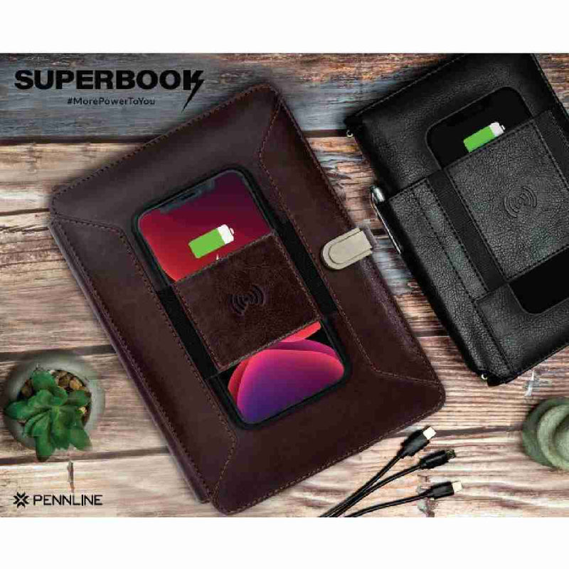 Pennline Superbook Organizer With Wireless Charging + 8000mAh Powerbank And 16GB Flash Drive – Coffee Brown